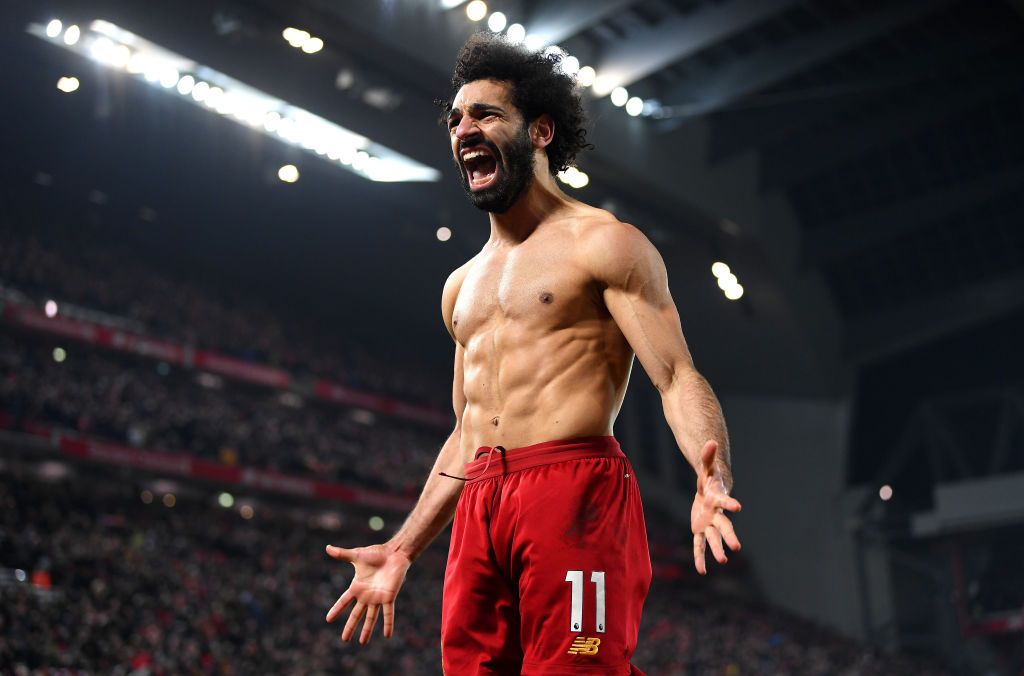 LIVERPOOL, ENGLAND - JANUARY 19: Mohamed Salah of Liverpool celebrates after scoring his team's second goal during the Premier League match between Liverpool FC and Manchester United at Anfield on January 19, 2020 in Liverpool, United Kingdom. (Photo by Michael Regan/Getty Images)