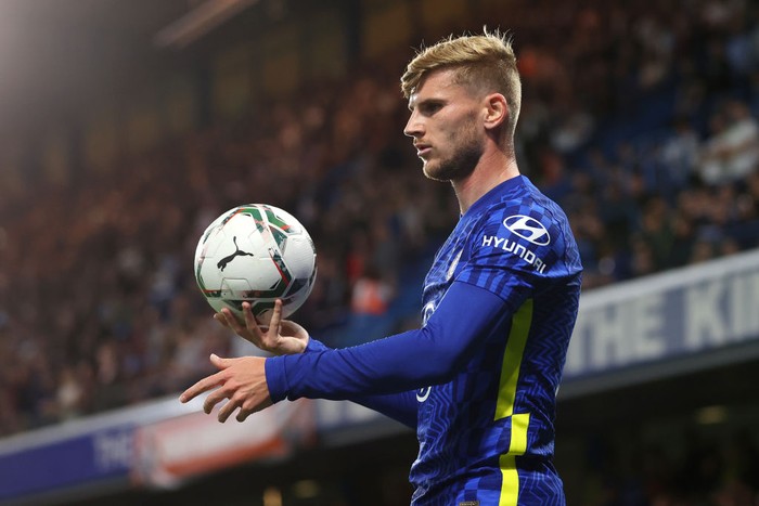 LONDON, ENGLAND - SEPTEMBER 22: Timo Werner of Chelsea looks on during the Carabao Cup Third Round match between Chelsea and Aston Villa at Stamford Bridge on September 22, 2021 in London, England. (Photo by Catherine Ivill/Getty Images)