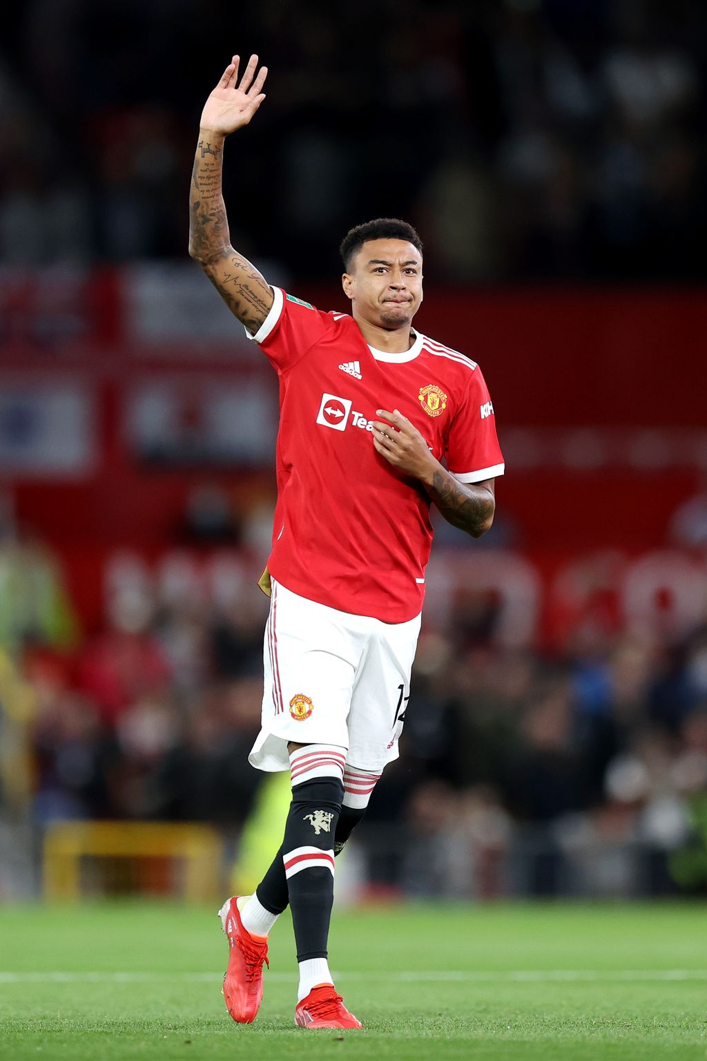 MANCHESTER, ENGLAND - SEPTEMBER 22: Jesse Lingard of Manchester United acknowledges the fans prior to the Carabao Cup Third Round match between Manchester United and West Ham United at Old Trafford on September 22, 2021 in Manchester, England. (Photo by Alex Pantling/Getty Images)