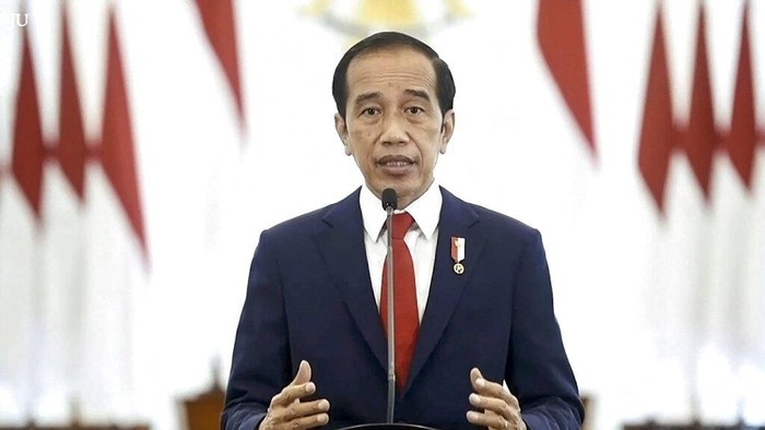 In this photo taken from video and shown at United Nations headquarters, Indonesias President Joko Widodo remotely addresses the 76th session of the U.N. General Assembly in a pre-recorded message, Wednesday, Sept. 22, 2021. (UN Web TV via AP)