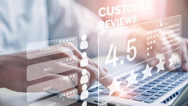 Customer review satisfaction feedback survey concept. User give rating to service experience on online application. Customer can evaluate quality of service leading to reputation ranking of business.