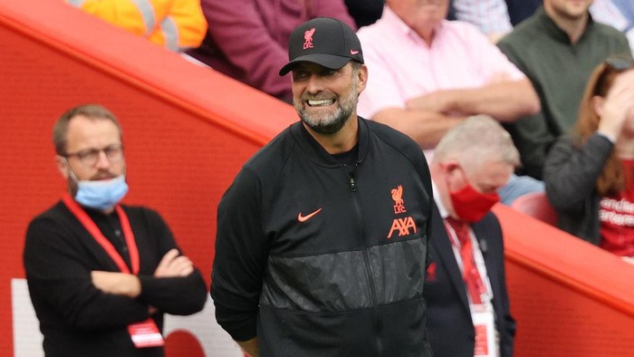 LIVERPOOL, ENGLAND - SEPTEMBER 18: Jurgen Klopp, Manager of Liverpool reacts during the Premier League match between Liverpool and Crystal Palace at Anfield on September 18, 2021 in Liverpool, England. (Photo by Clive Brunskill/Getty Images)