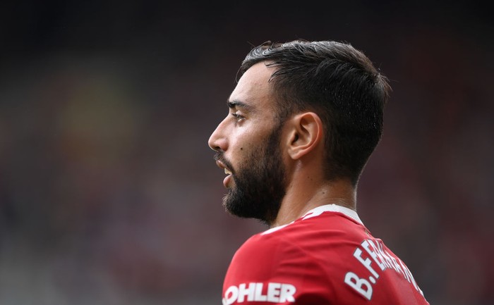 MANCHESTER, ENGLAND - SEPTEMBER 25: Bruno Fernandes looks on during the Premier League match between Manchester United and Aston Villa at Old Trafford on September 25, 2021 in Manchester, England. (Photo by Laurence Griffiths/Getty Images)
