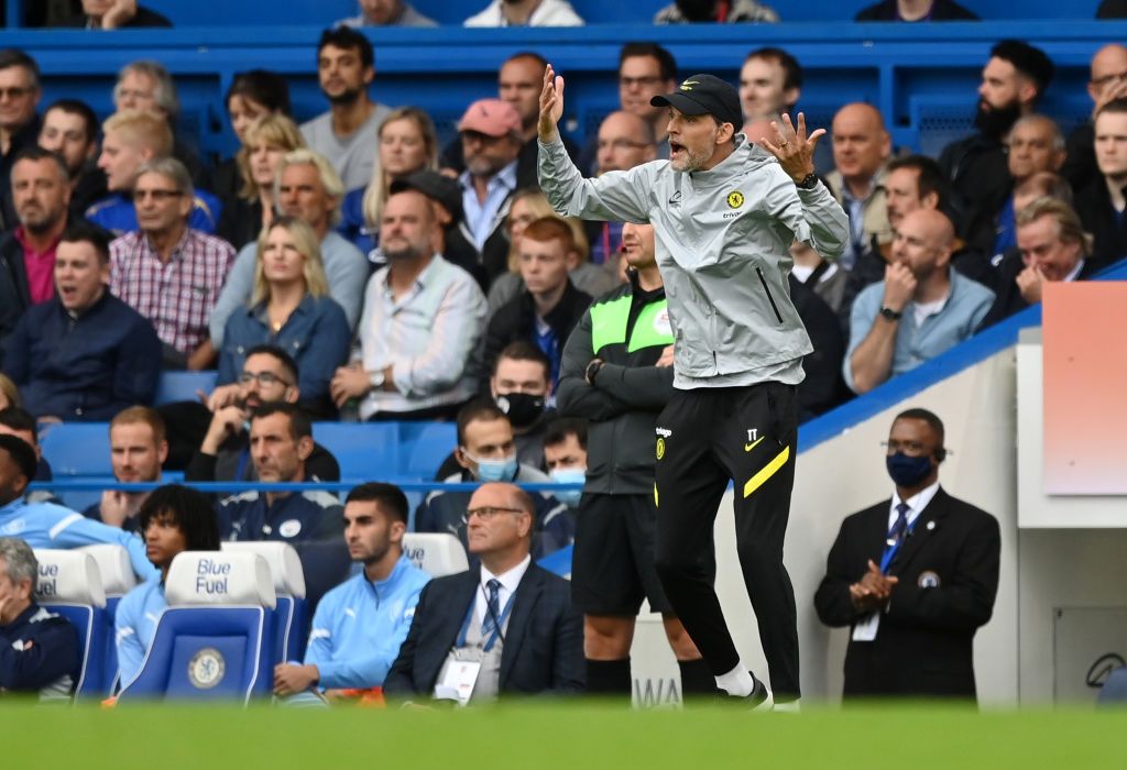 LONDON, ENGLAND - SEPTEMBER 25: Jack Grealish of Manchester City is challenged by Antonio Ruediger and Edouard Mendy of Chelsea during the Premier League match between Chelsea and Manchester City at Stamford Bridge on September 25, 2021 in London, England. (Photo by Shaun Botterill/Getty Images)