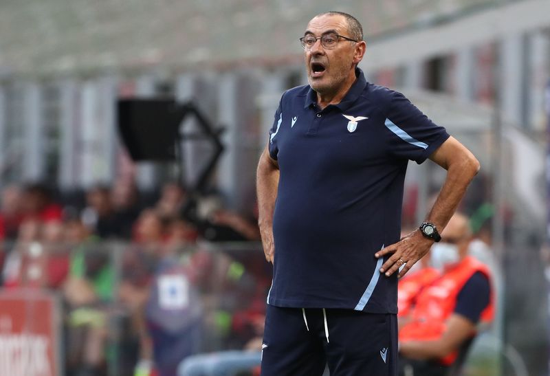 MILAN, ITALY - SEPTEMBER 12: SS Lazio coach Maurizio Sarri shouts to his players during the Serie A match between AC Milan and SS Lazio at Stadio Giuseppe Meazza on September 12, 2021 in Milan, Italy. (Photo by Marco Luzzani/Getty Images)