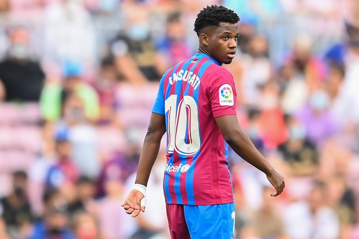 BARCELONA, SPAIN - SEPTEMBER 26: Ansu Fati of FC Barcelona looks on during the LaLiga Santander match between FC Barcelona and Levante UD at Camp Nou on September 26, 2021 in Barcelona, Spain. (Photo by David Ramos/Getty Images)