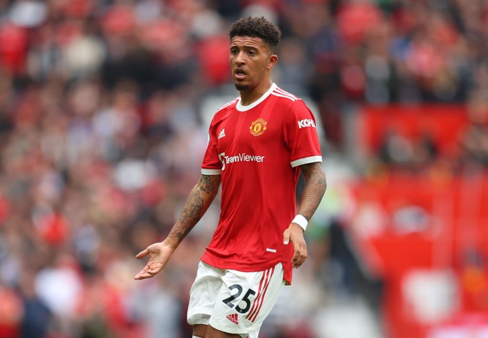 MANCHESTER, ENGLAND - AUGUST 14: Jadon Sancho of Manchester United during the Premier League match between Manchester United  and  Leeds United at Old Trafford on August 14, 2021 in Manchester, England. (Photo by Catherine Ivill/Getty Images,)