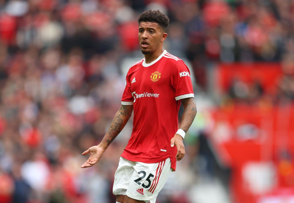 MANCHESTER, ENGLAND - AUGUST 14: Jadon Sancho of Manchester United during the Premier League match between Manchester United  and  Leeds United at Old Trafford on August 14, 2021 in Manchester, England. (Photo by Catherine Ivill/Getty Images,)