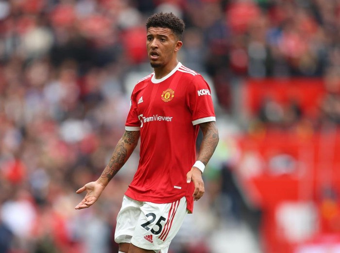 MANCHESTER, ENGLAND - AUGUST 14: Jadon Sancho of Manchester United during the Premier League match between Manchester United  and  Leeds United at Old Trafford on August 14, 2021 in Manchester, England. (Photo by Catherine Ivill/Getty Images,)