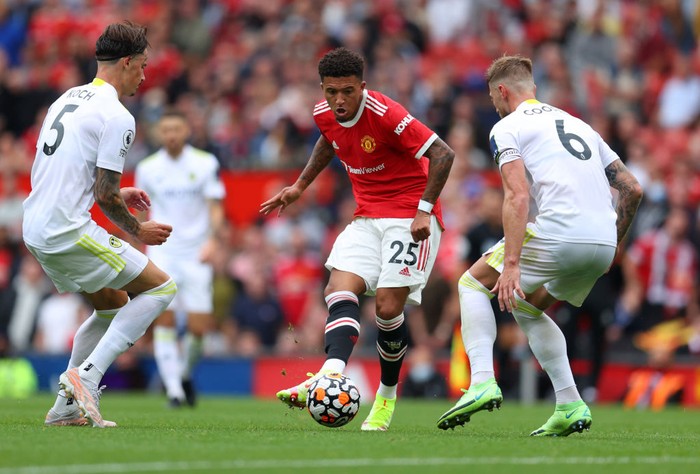 MANCHESTER, ENGLAND - AUGUST 14: Jadon Sancho of Manchester United during the Premier League match between Manchester United  and  Leeds United at Old Trafford on August 14, 2021 in Manchester, England. (Photo by Catherine Ivill/Getty Images,)