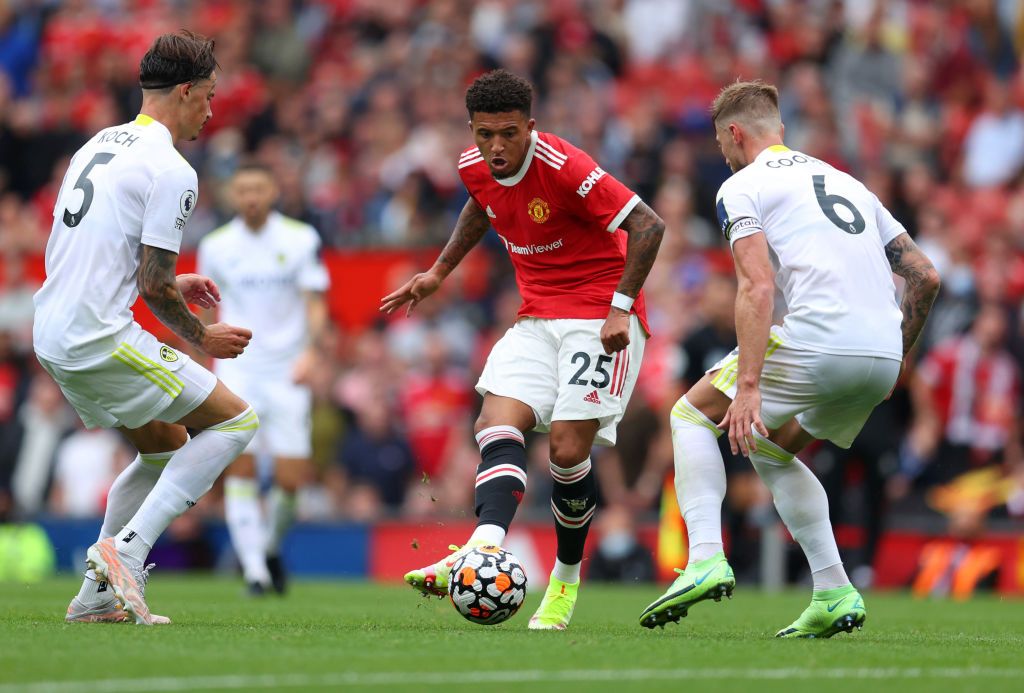 MANCHESTER, ENGLAND - AUGUST 14: Jadon Sancho of Manchester United during the Premier League match between Manchester United  and  Leeds United at Old Trafford on August 14, 2021 in Manchester, England. (Photo by Catherine Ivill/Getty Images,)