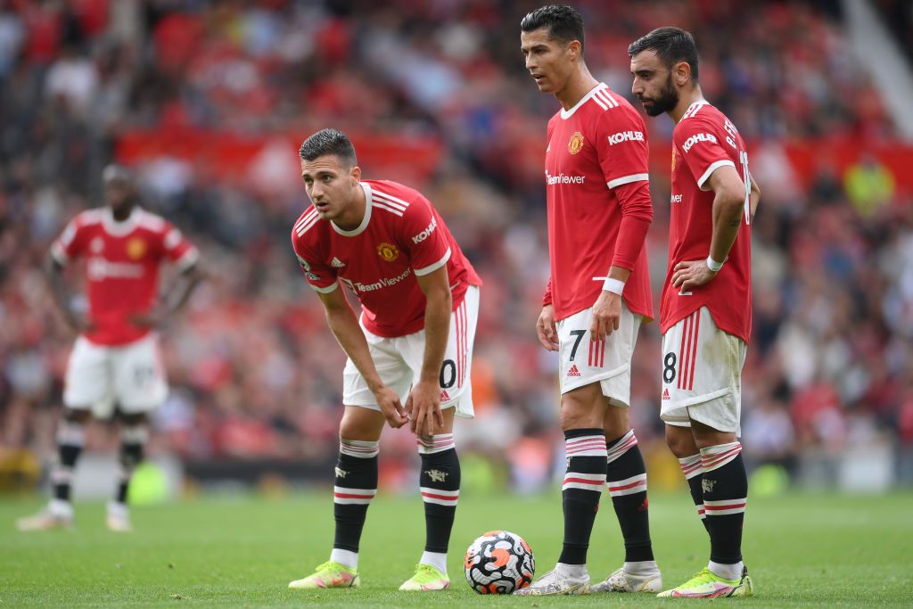 MANCHESTER, ENGLAND - SEPTEMBER 25: Cristiano Ronaldo of Manchester United prepares to take a free kick during the Premier League match between Manchester United and Aston Villa at Old Trafford on September 25, 2021 in Manchester, England. (Photo by Laurence Griffiths/Getty Images)