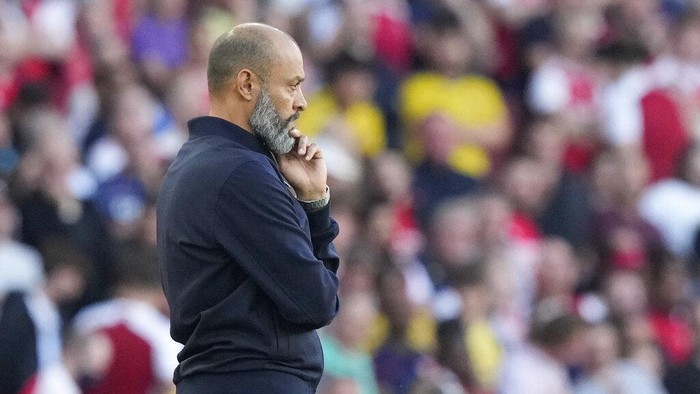 Tottenhams head coach Nuno Espirito Santo reacts during the English Premier League soccer match between Arsenal and Tottenham Hotspur at the Emirates stadium in London, Sunday, Sept. 26, 2021. (AP Photo/Frank Augstein)