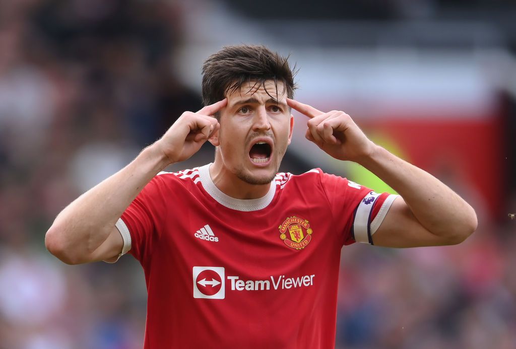 MANCHESTER, ENGLAND - SEPTEMBER 25: Harry Maguire of Manchester United looks on during the Premier League match between Manchester United and Aston Villa at Old Trafford on September 25, 2021 in Manchester, England. (Photo by Laurence Griffiths/Getty Images)