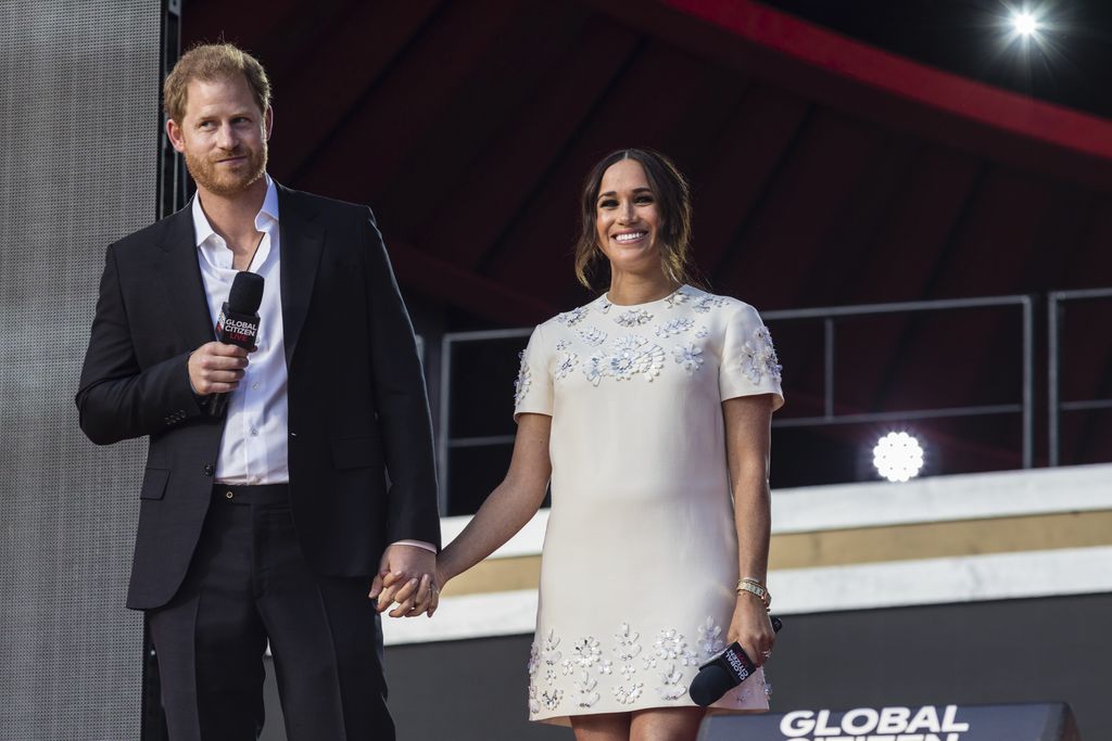 Prince Harry and Meghan Markle, Duke and Duchess of Sussex, speak during the Global Citizen festival, Saturday, Sept. 25, 2021, in New York. (AP Photo/Stefan Jeremiah)