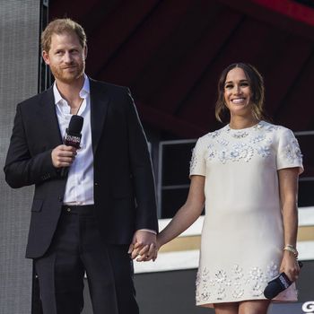 Prince Harry and Meghan Markle, Duke and Duchess of Sussex, speak during the Global Citizen festival, Saturday, Sept. 25, 2021, in New York. (AP Photo/Stefan Jeremiah)