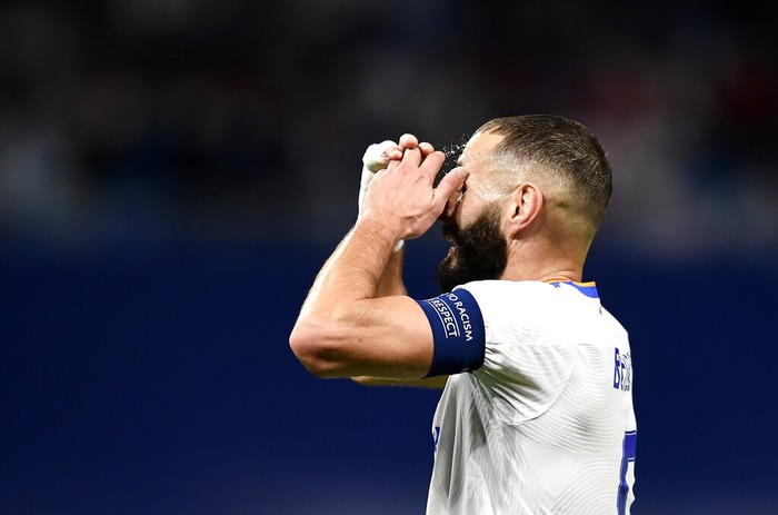 Real Madrids Karim Benzema reacts during the Champions League group D soccer match between Real Madrid and Sheriff, Tiraspol at the Bernabeu stadium in Madrid, Spain, Tuesday, Sept. 28, 2021. (AP Photo/Jose Breton)