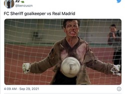 Bagaikan aksi di film kocak Shaolin Soccer, kiper Sheriff memang tampil digdaya lawan Real Madrid. (Foto: dok. Twitter)