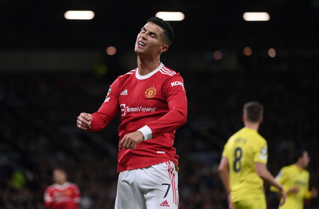 MANCHESTER, ENGLAND - SEPTEMBER 29: Cristiano Ronaldo of Manchester United reacts after a missed chance during the UEFA Champions League group F match between Manchester United and Villarreal CF at Old Trafford on September 29, 2021 in Manchester, England. (Photo by Laurence Griffiths/Getty Images)