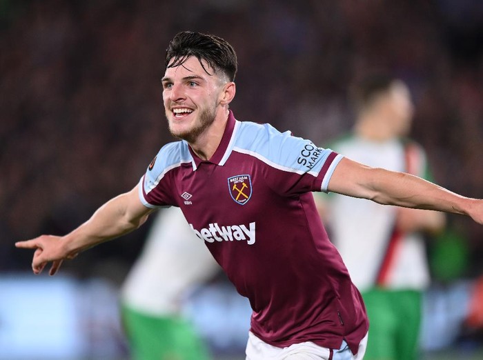 LONDON, ENGLAND - SEPTEMBER 30: Declan Rice of West Ham United celebrates after scoring their sides first goal during the UEFA Europa League group H match between West Ham United and Rapid Wien at Olympic Stadium on September 30, 2021 in London, England. (Photo by Justin Setterfield/Getty Images)