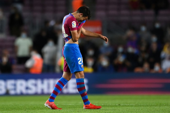 BARCELONA, SPAIN - SEPTEMBER 20: Eric Garcia of FC Barcelona shows his dejection during the La Liga Santander match between FC Barcelona and Granada CF at Camp Nou on September 20, 2021 in Barcelona, Spain. (Photo by David Ramos/Getty Images)