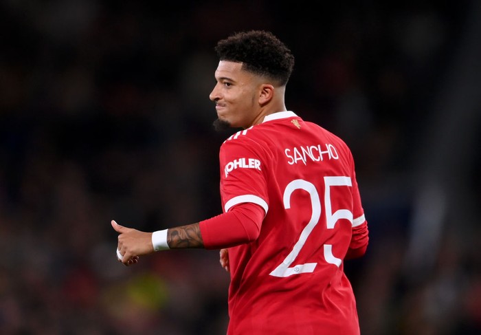 MANCHESTER, ENGLAND - SEPTEMBER 29: Jadon Sancho of Manchester United looks on during the UEFA Champions League group F match between Manchester United and Villarreal CF at Old Trafford on September 29, 2021 in Manchester, England. (Photo by Laurence Griffiths/Getty Images)