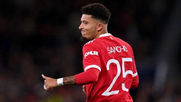 MANCHESTER, ENGLAND - SEPTEMBER 29: Jadon Sancho of Manchester United looks on during the UEFA Champions League group F match between Manchester United and Villarreal CF at Old Trafford on September 29, 2021 in Manchester, England. (Photo by Laurence Griffiths/Getty Images)