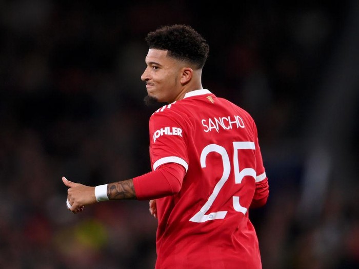 MANCHESTER, ENGLAND - SEPTEMBER 29: Jadon Sancho of Manchester United looks on during the UEFA Champions League group F match between Manchester United and Villarreal CF at Old Trafford on September 29, 2021 in Manchester, England. (Photo by Laurence Griffiths/Getty Images)