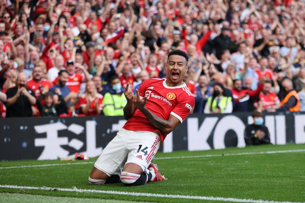 MANCHESTER, ENGLAND - SEPTEMBER 11: Jesse Lingard of Manchester United celebrates after scoring their side's fourth goal during the Premier League match between Manchester United and Newcastle United at Old Trafford on September 11, 2021 in Manchester, England. (Photo by Clive Brunskill/Getty Images)
