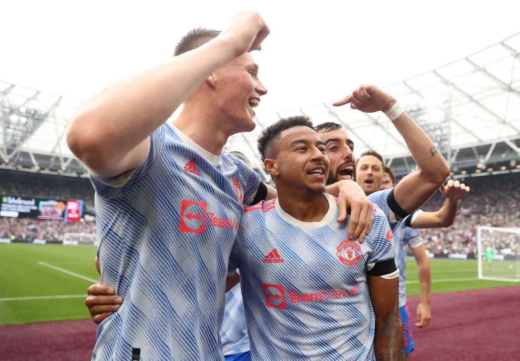 MANCHESTER, ENGLAND - SEPTEMBER 11: Jesse Lingard of Manchester United celebrates after scoring their side's fourth goal during the Premier League match between Manchester United and Newcastle United at Old Trafford on September 11, 2021 in Manchester, England. (Photo by Clive Brunskill/Getty Images)