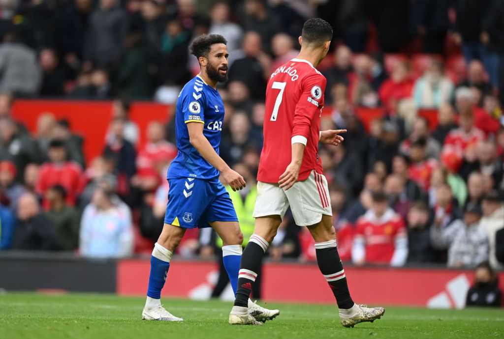 MANCHESTER, ENGLAND - OCTOBER 02: Andros Townsend of Everton interacts with Cristiano Ronaldo of Manchester United following the Premier League match between Manchester United and Everton at Old Trafford on October 02, 2021 in Manchester, England. (Photo by Michael Regan/Getty Images)
