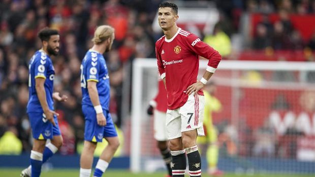 Manchester United's Cristiano Ronaldo reacts at the end of the English Premier League soccer match between Manchester United and Everton, at Old Trafford, Manchester, England, Saturday, Oct. 2, 2021. The match ended in a 1-1 draw. (AP Photo/Dave Thompson)