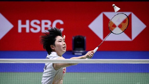 Finland Badminton Akane Yamaguchi of Japan plays in her women's single match during the quarterfinals between Chinese Taipei and Japan at the Badminton Sudirman Cup in Vantaa, Finland, Friday, Oct. 1, 2021. (Antti Aimo-Koivisto/Lehtikuva via AP)