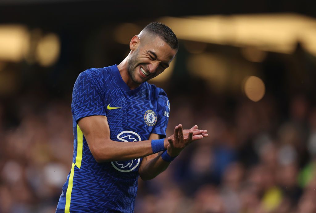 LONDON, ENGLAND - AUGUST 04: Hakim Ziyech of Chelsea reacts during the Pre Season Friendly match between Chelsea and Tottenham Hotspur at Stamford Bridge on August 04, 2021 in London, England. (Photo by Catherine Ivill/Getty Images)