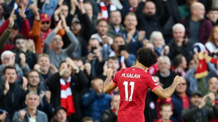 LIVERPOOL, ENGLAND - OCTOBER 03: Mohamed Salah of Liverpool celebrates after scoring their sides second goal during the Premier League match between Liverpool and Manchester City at Anfield on October 03, 2021 in Liverpool, England. (Photo by Michael Regan/Getty Images)