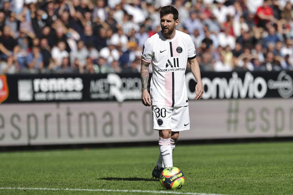 PSG's Lionel Messi reacts during the French League One soccer match between Rennes and Paris Saint-Germain at the Roazhon Park stadium in Rennes, France, Sunday, Oct. 3, 2021. (AP Photo/Jeremias Gonzales)