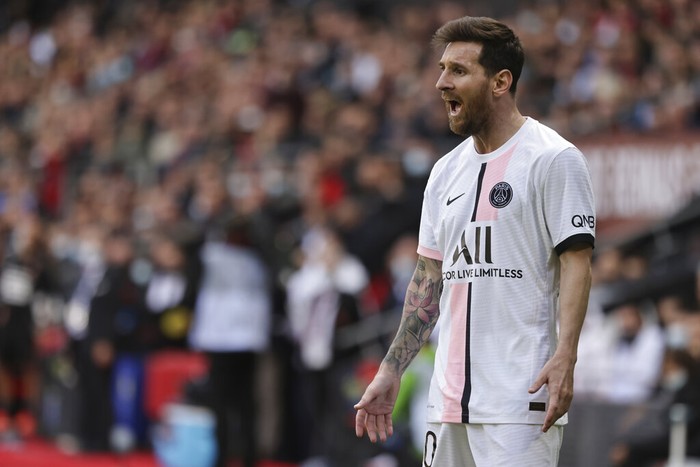 PSGs Lionel Messi reacts during the French League One soccer match between Rennes and Paris Saint-Germain at the Roazhon Park stadium in Rennes, France, Sunday, Oct. 3, 2021. (AP Photo/Jeremias Gonzales)