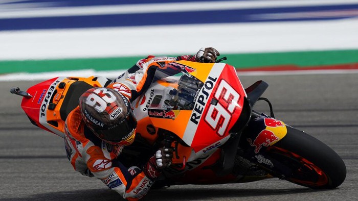Marc Marquez (93), of Spain, steers through a turn during an open practice session for the MotoGP Grand Prix of the Americas race at the Circuit of the Americas, Friday, Oct. 1, 2021, in Austin, Texas. (AP Photo/Eric Gay)