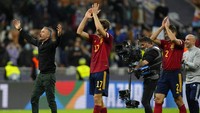 Spanyol saat ini tinggal menanti pemenang di laga Belgia vs Prancis, Jumat (8/10/2021) dini hari WIB. Duel itu berlangsung di Turin dan laga final digelar di Milan. AP Photo/Antonio Calanni.