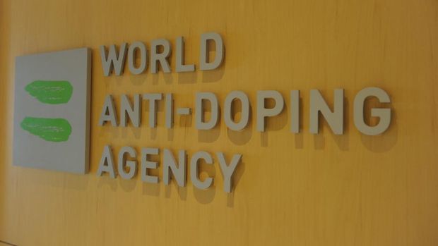 Picture of the logo of World Anti-Doping Agency (WADA)taken on September 20, 2016 at the headquarter of the organisation in Montreal. (Photo by Marc BRAIBANT / AFP)