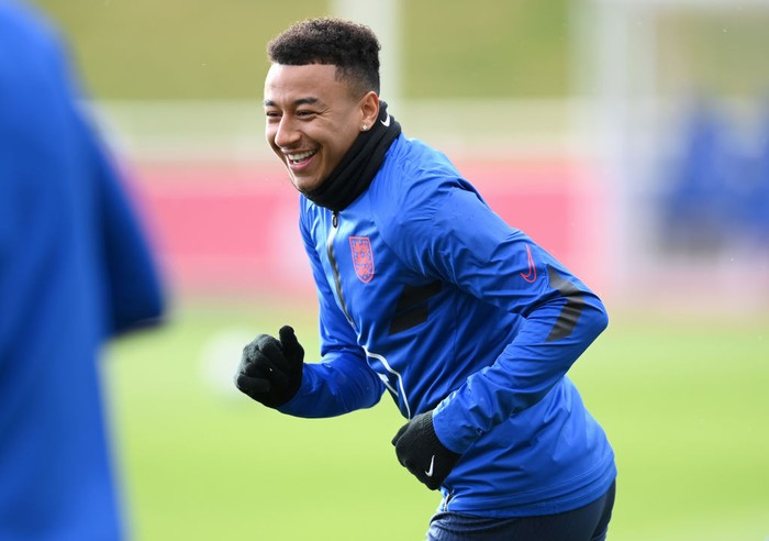 BURTON-UPON-TRENT, ENGLAND - OCTOBER 05: Jesse Lingard reacts during a training session at St Georges Park on October 05, 2021 in Burton-upon-Trent, England. (Photo by Michael Regan/Getty Images)