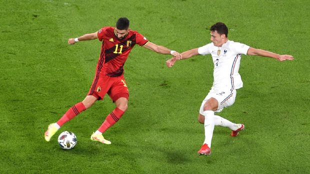 SOCCER-UEFANATIONS-BEL-FRA/REPORT Soccer Football - Nations League - Semi Final - Belgium v France - Allianz Stadium, Turin, Italy - October 7, 2021 Belgium's Yannick Carrasco scores their first goal Pool via REUTERS/Massimo Rana