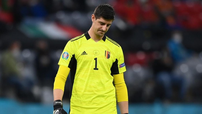 MUNICH, GERMANY - JULY 02: Thibaut Courtois of Belgium looks dejected during the UEFA Euro 2020 Championship Quarter-final match between Belgium and Italy at Football Arena Munich on July 02, 2021 in Munich, Germany. (Photo by Matthias Hangst/Getty Images)