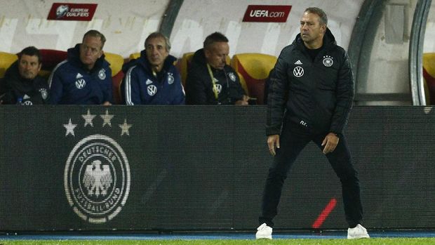 Soccer Football - World Cup - UEFA Qualifiers - Group J - North Macedonia v Germany - Toshe Proeski Arena, Skopje, North Macedonia - October 11, 2021 Germany coach Hansi Flick reacts REUTERS/Ognen Teofilovski