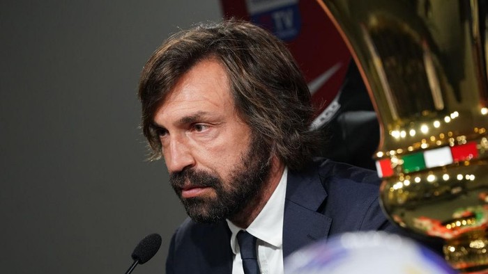 Andrea Pirlo REGGIO NELLEMILIA, ITALY - MAY 18: Head coach of Juventus Andrea Pirlo speaks with the media during an Juventus press conference ahead of the TIMVISION Cup Final between Atalanta BC and Juventus on May 18, 2021 in Reggio nellEmilia, Italy. (Photo by Claudio Villa/Getty Images for Lega Serie A)