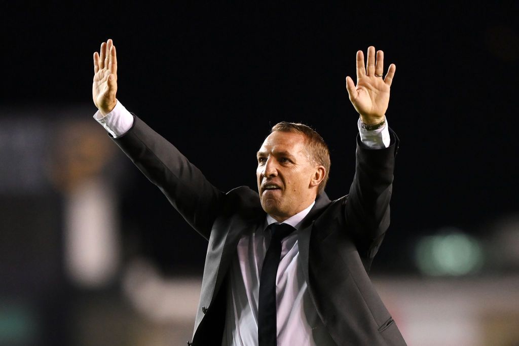 LONDON, ENGLAND - SEPTEMBER 22: Brendan Rogers, Manager of Leicester City acknowledges the fans following victory in the Carabao Cup Third Round match between Millwall and Leicester City at The Den on September 22, 2021 in London, England. (Photo by Justin Setterfield/Getty Images)