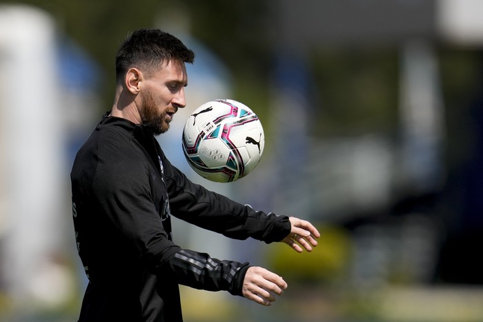 Argentinas Lionel Messi attends a team training session ahead of a FIFA World Cup Qatar 2022 qualifier match in Buenos Aires, Argentina, Wednesday, Oct. 6, 2021. (AP Photo/ Natacha Pisarenko)