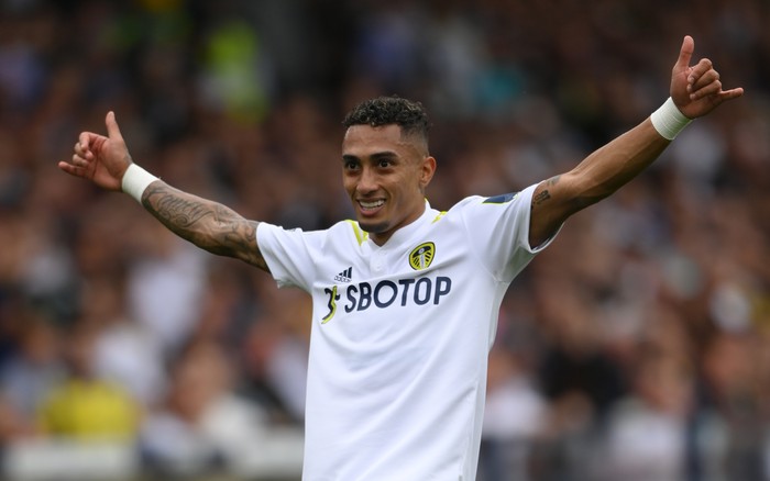 Raphinha, Leeds United LEEDS, ENGLAND - SEPTEMBER 25: Leeds United player Raphinha celebrates his goal during the Premier League match between Leeds United and West Ham United at Elland Road on September 25, 2021 in Leeds, England. (Photo by Stu Forster/Getty Images)