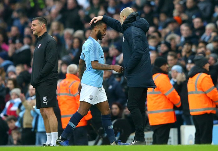 MANCHESTER, ENGLAND - JANUARY 06:  Raheem Sterling is substituted during the FA Cup Third Round match between Manchester City and Rotherham United at the Etihad Stadium on January 6, 2019 in Manchester, United Kingdom.  (Photo by Alex Livesey/Getty Images)