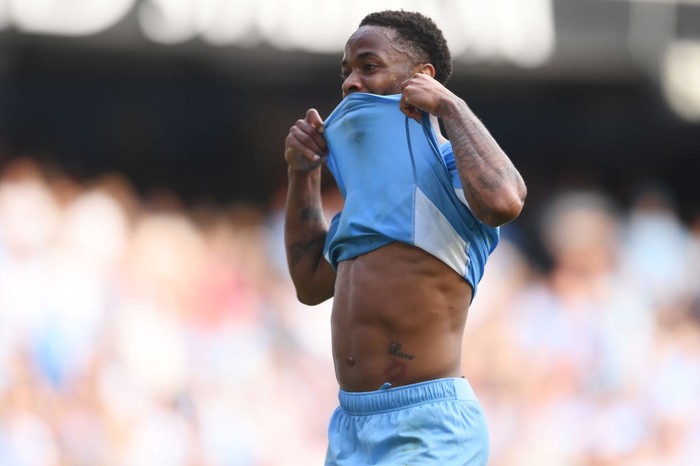 MANCHESTER, ENGLAND - SEPTEMBER 18: Raheem Sterling of Manchester City reacts during the Premier League match between Manchester City and Southampton at Etihad Stadium on September 18, 2021 in Manchester, England. (Photo by Laurence Griffiths/Getty Images)